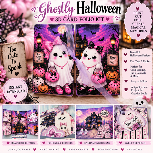 Ghostly Halloween Printable Collection Bundle | 3D Card Folio, Digital Papers, Tags & Ephemera