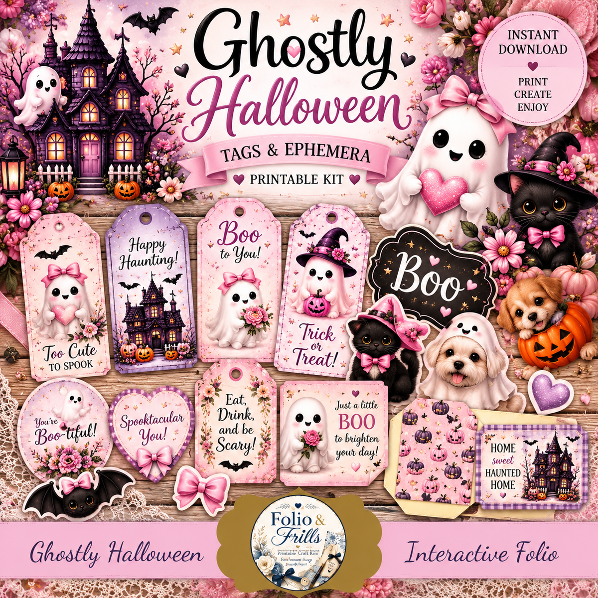Ghostly Halloween Printable Collection Bundle | 3D Card Folio, Digital Papers, Tags & Ephemera