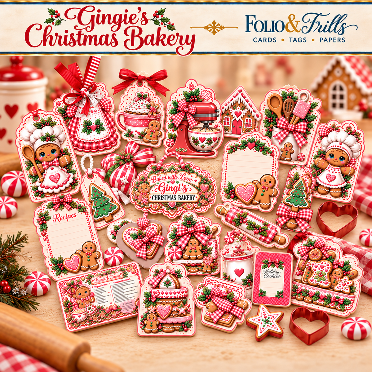 Gingie’s Christmas Bakery Bundle | 3D Card Folio, Digital Papers, Tags & Ephemera
