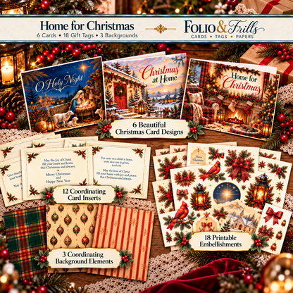 Home for Christmas Printable Card Making Bundle | 6 Christmas Cards, 12 Inserts & 18 Embellishments